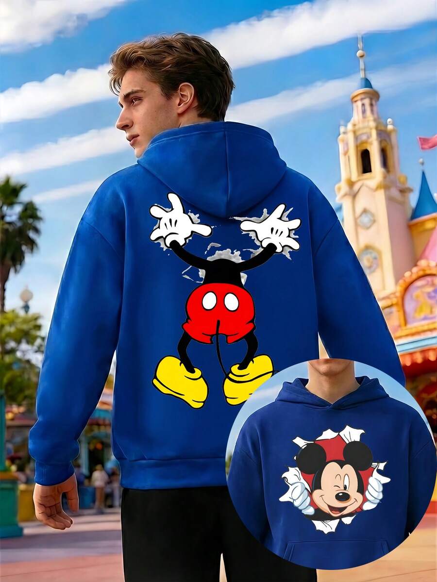 Men's Crew Neck Sweatshirt And Sweatpants Set, Disney Mickey Mouse Print, Sportswear, Comfortable Men's Hoodie And Sweatpants Two-Piece Set, The Best Gift For Men. - 藍色 - 查看 1