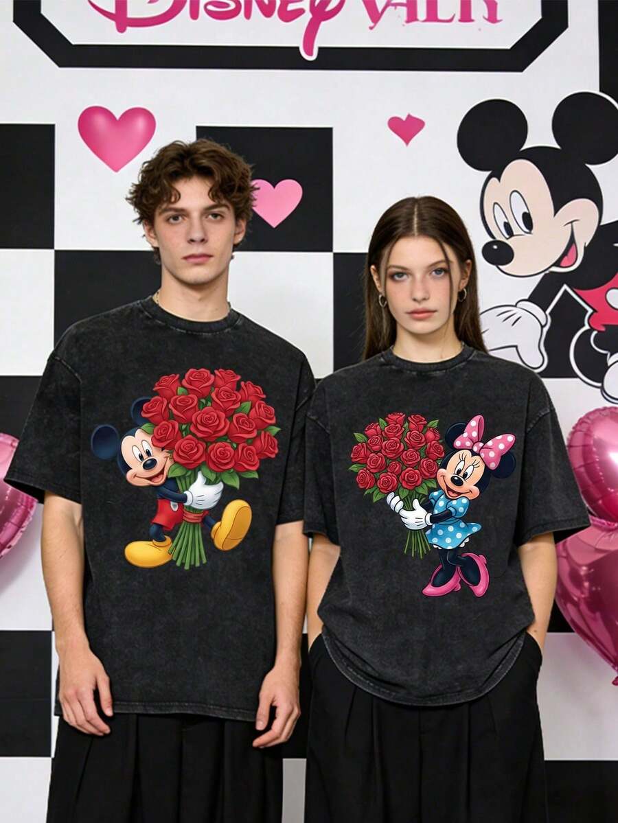 Disney American Retro Valentine's Day T-Shirt 180g Washed Cotton Mickey And Minnie Flower Bouquet Loose Short-Sleeved Couple's Outfit - 黑色 - 查看 1
