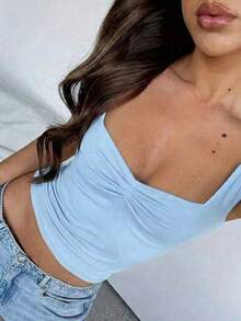 Women's Basic Suplex Cropped Blouse, Fitted And Comfortable, Casual Or Stylish Look, Simple And Elegant, Wrinkled Knitted Fabric - 淺藍色 - 查看 2