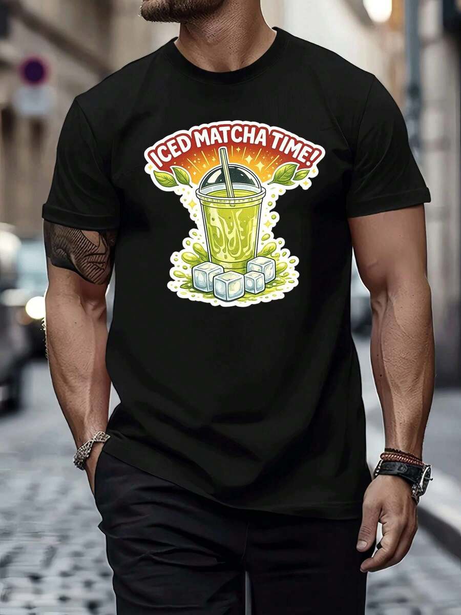 Maglietta grafica "Iced Matcha Time" autunnale, in tessuto di alta qualità, collo rotondo, vestibilità comoda, casual - nero - Visualizzare 1