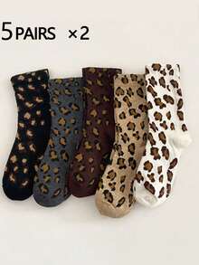 1/5/10 Pairs Women Leopard Print Sailor Socks, Cute Comfortable Breathable Moisture-Wicking Socks, Fun Gift, Creative Campus Style Socks For Women, Winter, Valentine's Day Gift - Crew Socks - View 9