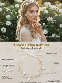 手工制作的哑光白花金色叶子新娘发饰，可调节丝带，适合新娘和伴娘佩戴，波西米亚珍珠发饰，派对必备 - 金色 - 查看 3