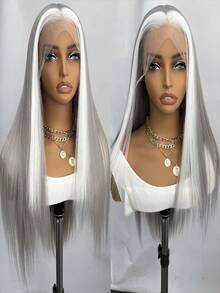 websterwigs Silver Grey Wig With White Highlights Long Silky Straight Synthetic Lace Front Wigs For Women Natural Hairline Daily Use Wig - Multicolor - View 5