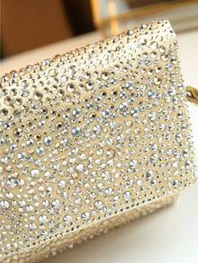 New European & American Elegant Evening Bag, Rhinestone Embellished Flap Cover Large Capacity Shoulder & Crossbody Bag - Gold - View 11