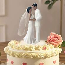 Tượng trang trí bánh cưới cô dâu chú rể thanh lịch bằng nhựa, có khăn voan trắng | Thích hợp cho tiệc đính hôn, tiệc mừng cô dâu và lễ kỷ niệm ngày cưới. - bộ đồ trắng - Xem 7