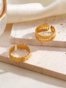 2枚不锈钢镀18K金几何开口戒指，适合女士日常及派对佩戴 - 金色 - 查看 3