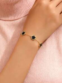 新款时尚幸运五叶草项链手链耳钉戒指时尚饰品 - 黑色 - 查看 10