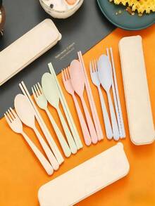1/2/4 Sets Portable Reusable Striped Plastic Cutlery Set, 3-Piece Fork Spoon Knife Kit With Storage Case, Lightweight Smooth Finish Utensils For Camping Picnic Travel Office Lunch, Kitchen Daily Tableware For Adults, Back To School Supplies Christmas Gift Outdoor Party Essentials - 彩色 - 查看 6