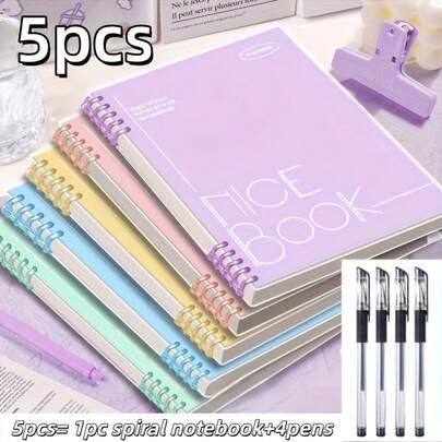 Conjunto de 5 peças, incluindo 1 caderno espiral + 4 canetas. Caderno espiral A5 com 60 folhas/120 páginas, páginas grossas e coloridas com código de cores, ideal para universidade, diário e anotações.