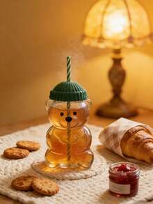 11.33oz Cute Bear Design Borosilicate Glass Cold Drink, Milk Tea Cup With Straw, Creative Glassware, Suitable As Girls Birthday Gift - Multicolor - View 4