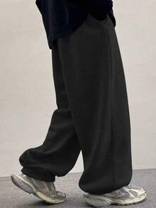 HEYKESON 大尺碼男士休閒素色寬鬆版型運動長褲 - 黑色 - 查看 5
