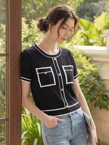 Knit Mix 女士休闲通勤条纹针织上衣，春夏短袖圆领撞色滚边，常规版型时尚针织衫，返校季/秋季必备 - 黑色 - 查看 3