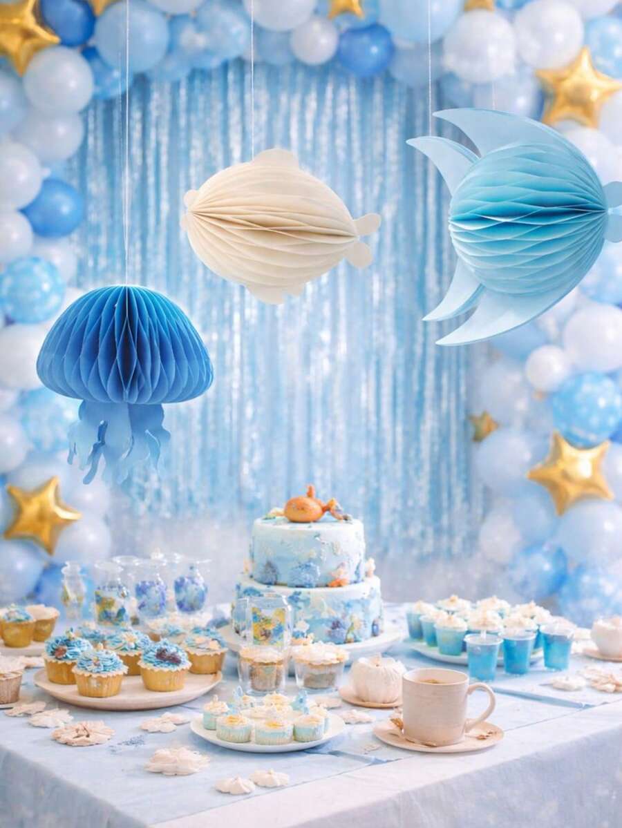 1件/3件装纸质海洋主题挂饰，蜂窝鱼和水母图案，适用于儿童房、托儿所、客厅装饰、生日派对用品、教室装饰、海洋主题