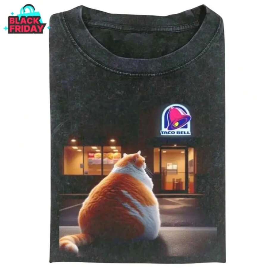 Super Value Hot T-Shirt Funny Cat Fat Tacobell Vintage Graphic T-Shirt, Funny Meme Tee, Cat Lover Unisex T-Shirt, Gift For Men And Women Suitable For Fans Gift SD0082 - 黑色 - 查看 1