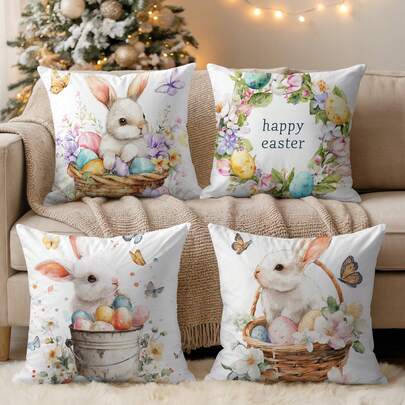 4 piezas Fundas de almohada impresas de terciopelo melocotón de Pascua, 18" X 18" - Fundas de cojín decorativas con estampado de conejo y huevo de Pascua, adecuadas para sala de estar, dormitorio, sofá, cama, decoración exterior, insertos de almohada no incluidos