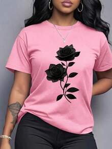 Spring Clothes Women's Clothing, Ladies Plus Size T-Shirt Black Rose Print - Casual Short Sleeve Round Neck Top, Medium Stretch Fabric, All-Season Comfortable Wear, Elegant Floral Design For Daily And Special Occasions, Machine Washable Loose And Comfortable Summer - 粉紅色 - 查看 1