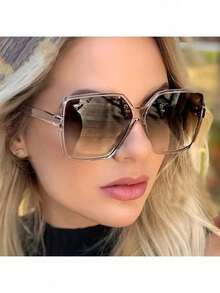 1 Pair Women's PC Square Large Frame Face-Slimming Geometric Pattern Personality New European And American Style Fashion Decorative Glasses 1ZEK - Transparent Frame Double Tea - View 1