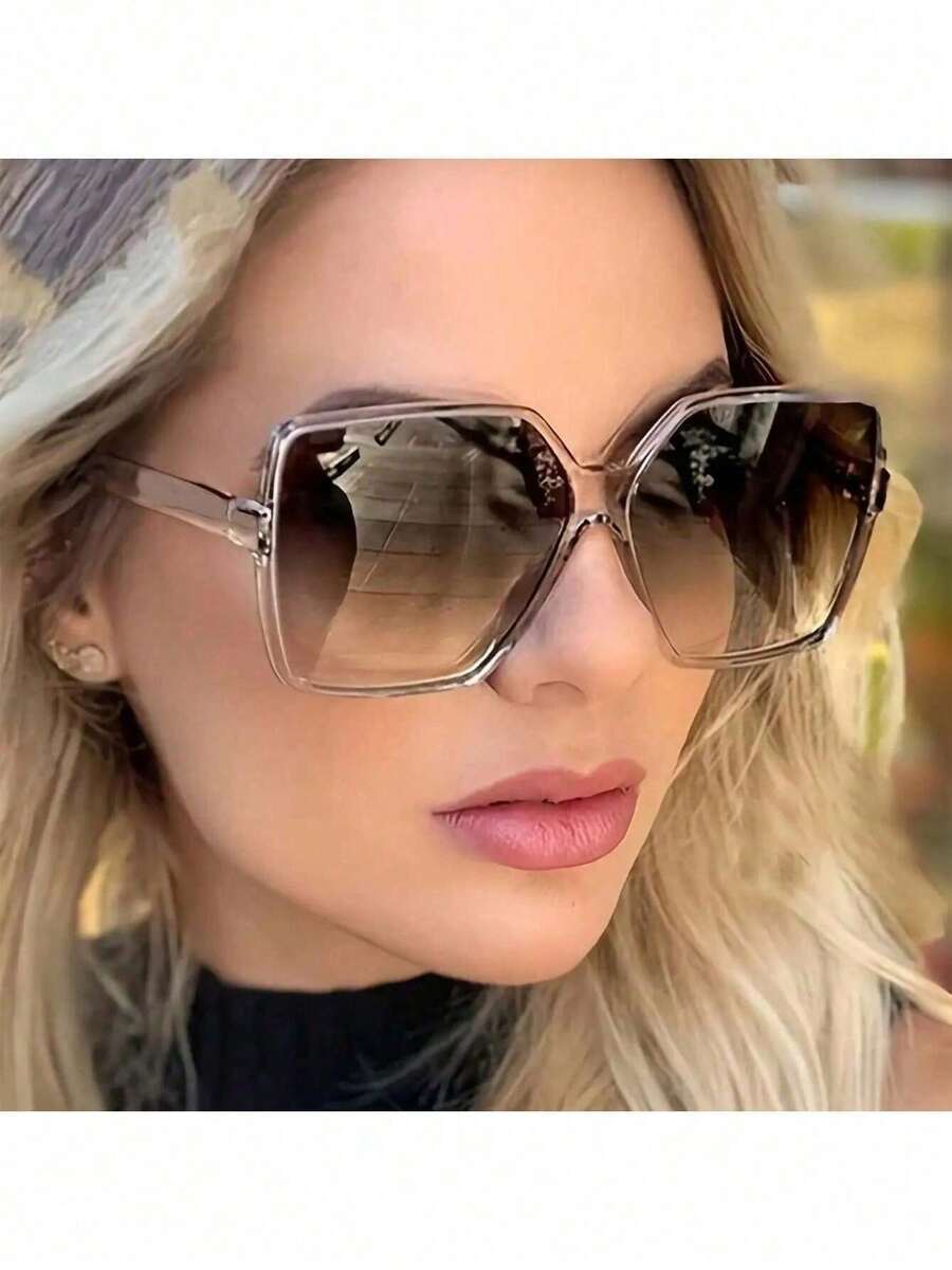 1 Pair Women's PC Square Large Frame Face-Slimming Geometric Pattern Personality New European And American Style Fashion Decorative Glasses 1ZEK - Transparent Frame Double Tea - View 1
