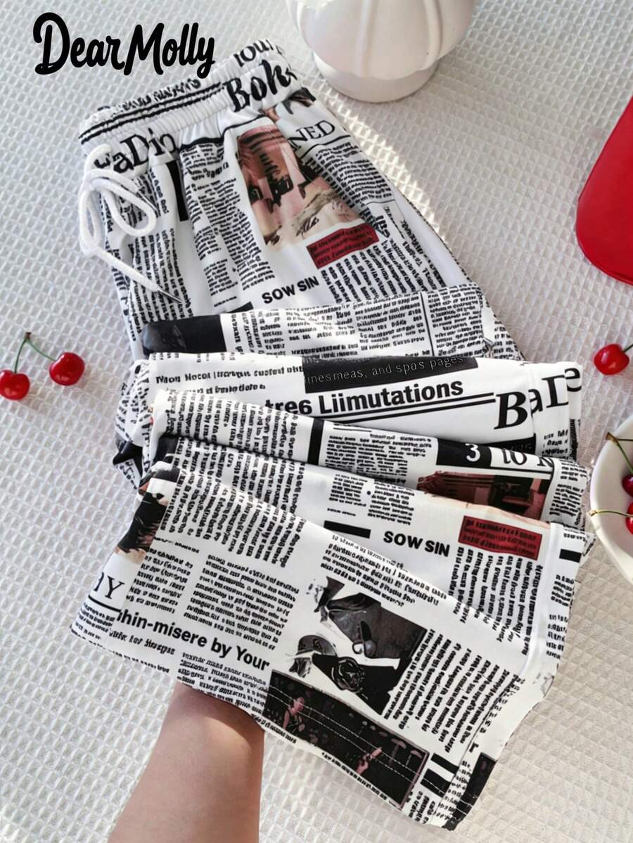 DEAR MOLLY Newspaper Print Wide Leg Pocket Pants, Casual High Waist Trousers, Suitable For Spring And Summer, Women's Casual Clothing - Multicolor - View 1