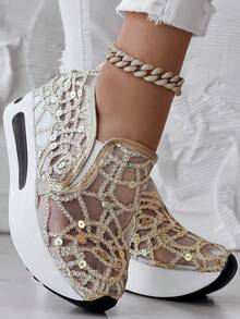 Giày thể thao đế cao nữ, kiểu dáng slip-on, chất liệu lưới đính sequin, thoáng khí, nhẹ, chống trơn trượt, mẫu mới 2026, thoải mái, thời trang, phù hợp mang hàng ngày. - Vàng - Xem 5