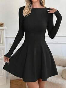 Women's Cocktail Dress Classic And Elegant Fall A-Line Long Sleeves Mini Dress For School Opening Ceremonies And Graduation Parties - màu đen - Xem 4