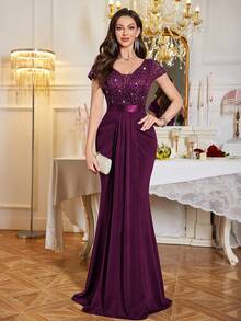 MIUSOL Sequin Floral Lace Sweetheart Neck Cap Sleeve Draped Mermaid Hem Formal Party Maxi Dress - 紫紅色 - 查看 1