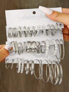 36/24/12pcs Vintage Faux Pearl Earrings Set, Elegant Square C-Shaped Earrings, Suitable For Daily Wear, Parties And Gatherings, Exquisite Holiday Gift - Silver - View 8