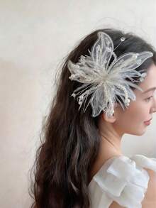 1/2pcs Handmade Feather & Pearl Hair Clip, Crystal Headpiece, Sweet Fairy Style Accessories For Teen Performance - Multicolor - View 11