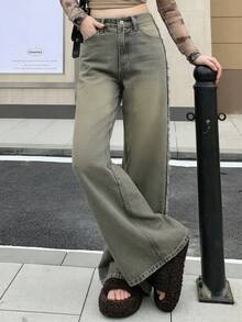 女士纯色中腰直筒宽松休闲喇叭牛仔裤，带流苏，春季款 - 藍色 - 查看 5