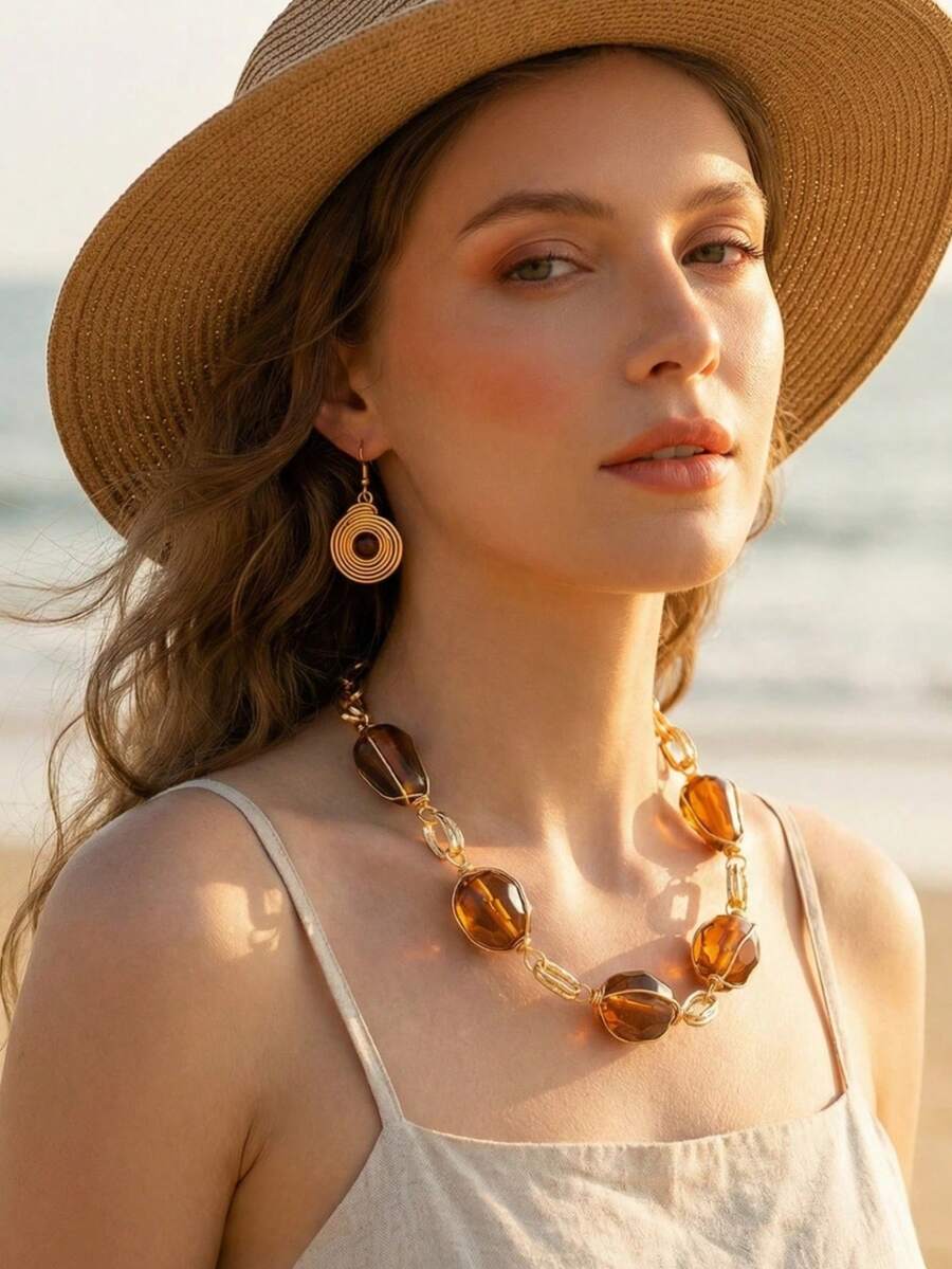 1 Set Handmade Exaggerated Artificial Stone Necklace And Earrings Jewelry Set, Suitable For Women To Wear On Beach Vacation, Parties, And Gatherings - Multicolor - View 1