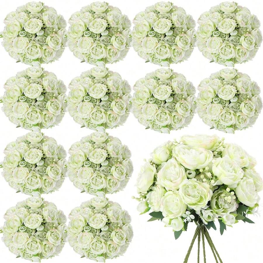 16 Bundles Artificial Peonies Flowers Fake Silk Peony Bouquet Faux Peonies Flowers Bulk For Decoration Vase Floral Arrangements Wedding Party Table (Gre1en) - 格林 - 查看 1
