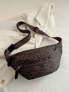 尼龙大容量胸包/腰包，男女通用，适合日常、运动、跑步、旅行、休闲等场合，简约时尚，豹纹设计 - 咖啡棕 - 查看 7