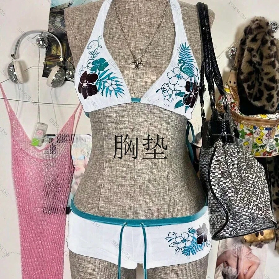 Summer Beach Women's Bikini Sexy Y2K Streetwear Fashion Women's Clothing - Bộ đồ trắng và xanh dương + miếng lót ngực - Xem 1
