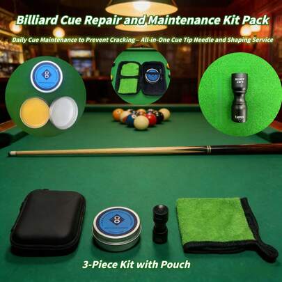 1 Set Kit de mantenimiento de taco de billar, incluye cera para taco, herramienta de reparación, paño de limpieza. Previene la deformación y agrietamiento, extiende la vida útil del taco, pule la punta del taco. Viene con bolsa de almacenamiento portátil. Adecuado para el mantenimiento de tacos de snooker, 9-bolas, 8-bolas. Esencial para entusiastas del billar, regalo ideal.