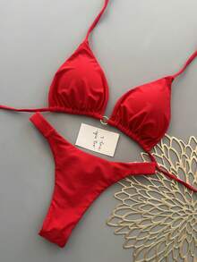 Conjunto de bikini de unicolor para vacaciones de verano en la playa - Rojo - Ver 3
