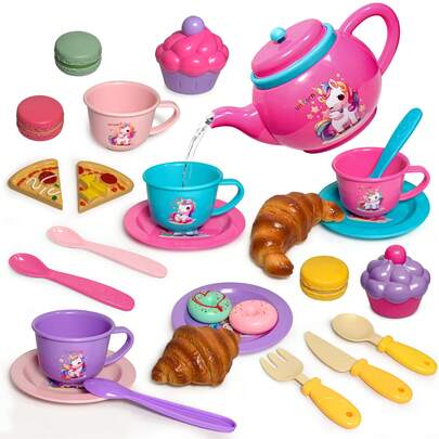 1 Set Unicorn Themed Pretend Tea Party Toy For Girls, Includes Realistic Sweets, Cakes, Pizza Breads, Tea Set, And Kitchen Toy Set, Great Gift For Easter, Christmas, And Birthday