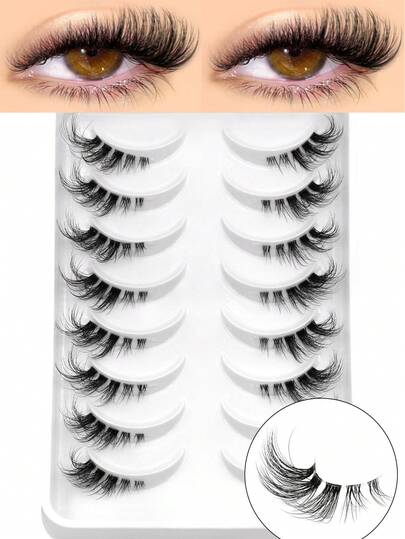  GROINNEYA 8 Pairs Natural Charming Cat Eye Extended False Eyelashes, Soft Transparent Band, Misty Texture, Thick And Pointed, Delicate Fairy Style False Lashes, Suitable For Beginners For Daily Life, Parties, Music Festivals