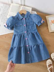 Young Girl Denim Dress, Summer New Cute Bow Puff Sleeve Lapel Knee-Length Princess Cake Dress - Blue - View 5