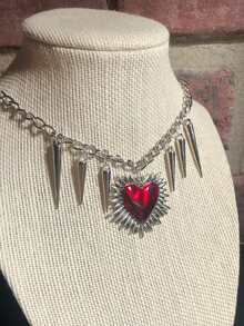 1pc Spiked Heart Shaped Necklace, Red Heart Pendant, Gothic Punk Necklace - Rivet Necklace - View 3