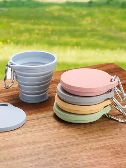 Taza de viaje plegable de silicona con tapa, taza de camping de silicona plegable, taza retráctil, taza portátil reutilizable para exteriores, deportes, bolsillo, bolso, mochila, incluye mosquetón, utensilios de viaje plegables de acero inoxidable