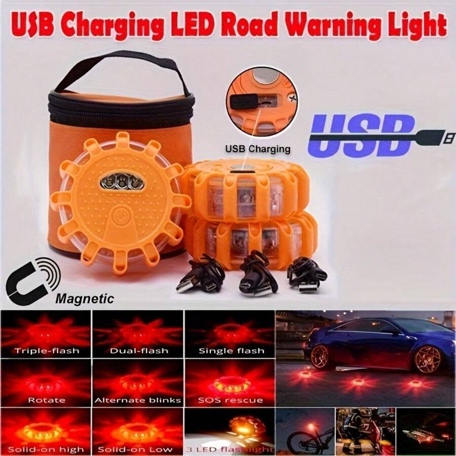 1-3 Packs LED Emergency Lights 9Mode Safety Warning USB Rechargeable Flashing Lamp Red Dash Light For Trucks Vehicle Car