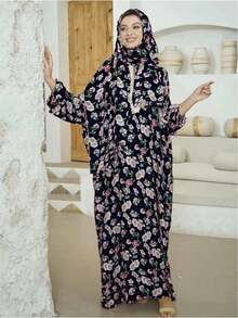 1 件印花头巾连体衣 Abaya，具有吸湿、透气、防静电功能，正面拉链，宽松剪裁，简洁方便，适合女性日常穿着、祈祷和外出。情人节女士面纱 - 彩色 - 查看 16