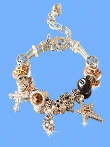 1条豹纹星形吊坠手链，1条豹纹8号黑色台球手链，1条十字架星形手链，1条复古心形星形手链 - 銀色 - 查看 2