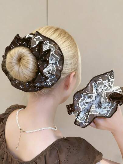 Elegant French Brown Lace Trim Hair Scrunchie, Ponytail Holder, Hair Accessories, Solid Color Elegant Polyester Scrunchie, All Season ,Hair Ties ,Scrunchy Hair Ties Makeup Home Gym Woman Accessories Head Accessories