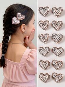 5件套 女孩/青少年咖啡色水钻心形珍珠发夹，公主风发饰，适合日常佩戴 - 彩色 - 查看 1