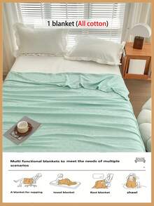 1条100%纯棉针织毯 - 超薄透气格子设计 | 四季皆宜 | 可机洗 | 夏季及夜间出汗时的理想之选 | 现代柔软质感毯子，现代家居装饰，简约易护理面料 - 孔雀藍 - 查看 7