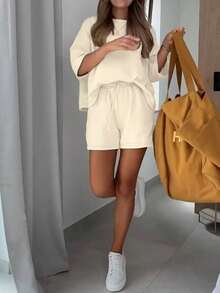 2pcs Women's Casual Cotton Set - Cream, Loose T-Shirt, Drawstring Shorts, Soft & Comfortable Summer - Apricot - View 2