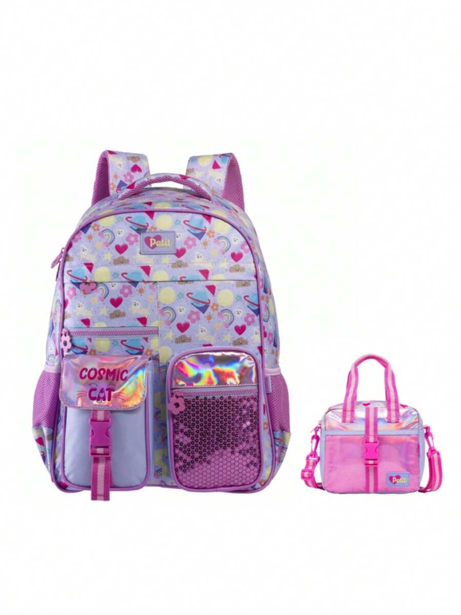 Mochila de Costas + Lancheira Térmica Cosmic Cat - Malva - Visão 1