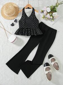 Conjunto de 2 piezas de top sin mangas con estampado de lunares y pantalones acampanados de unicolor para niñas, estilo casual para primavera/verano - Negro - Ver 2