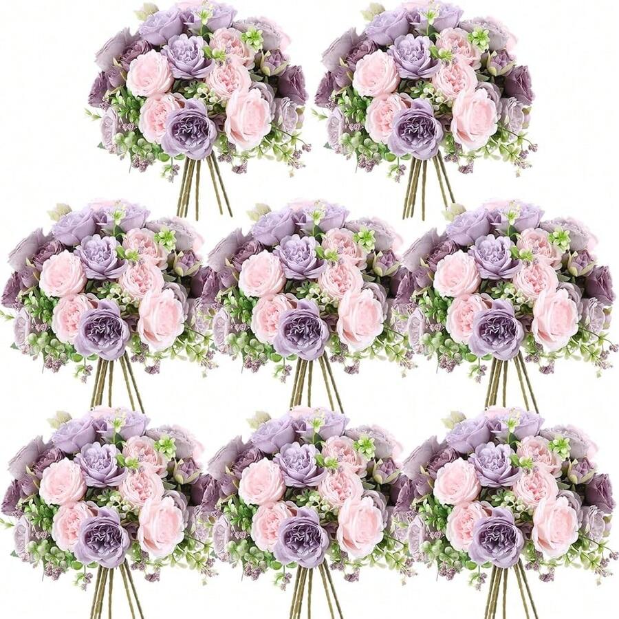 Geosar 8 Bundles Artificial Peonies Flowers Fake Silk Peony Bouquet Faux Peonies Flowers Bulk For Decoration Vase Floral Arrangements Wedding Party Table (Gray Purple,Light Purple) - 灰紫色 - 查看 1